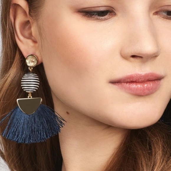 Baublebar Blue/White Ball with Blue Fringe Nautical Mamba Statement Earrings 3” - Picture 1 of 13